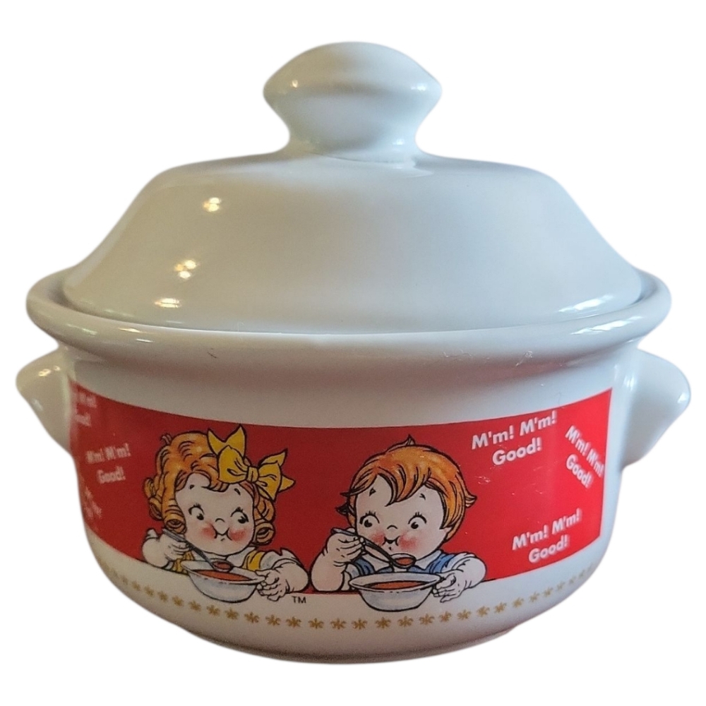 Vtg 98 Campbell's Soup Kids M'm Good Crock Covered Soup Bowl/Lid Houston Harvest